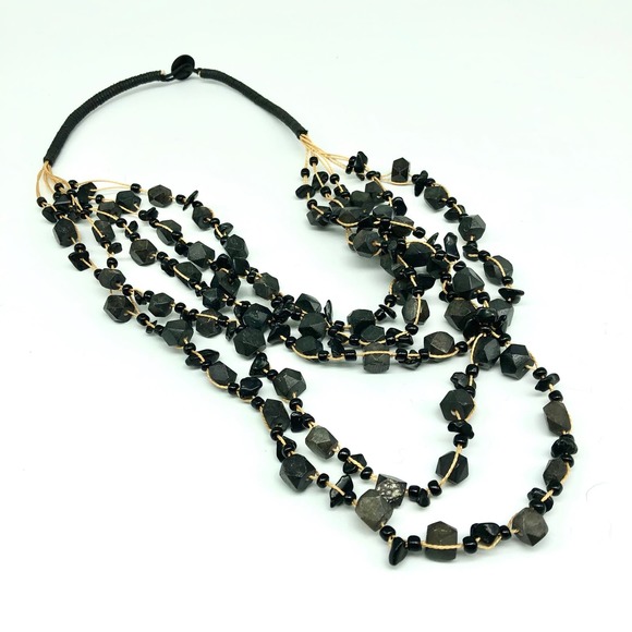 Boho Graduated Black Multi-Strand Beads on Cord Necklace - Picture 4 of 7